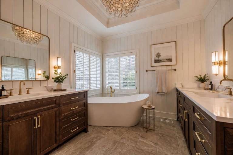 Primary bathroom retreat with freestanding oval soaking tub, dual dark wood vanities, brass fixtures, capiz chandelier, shiplap wall paneling, and arched brass-framed mirrors in the Artful Haven luxury home renovation in Suwanee, GA by Infinite Home